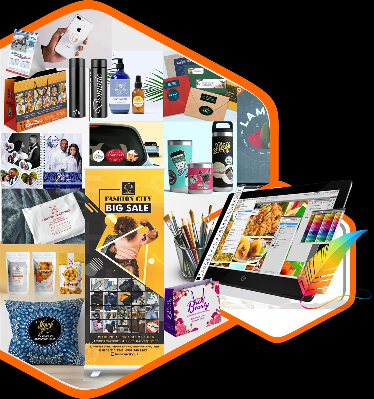 A collage of JG Prints work — branded packaging, bottles, banners, stationery, apparel and signage