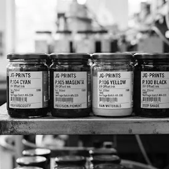 Ink mixing bench with labelled jars